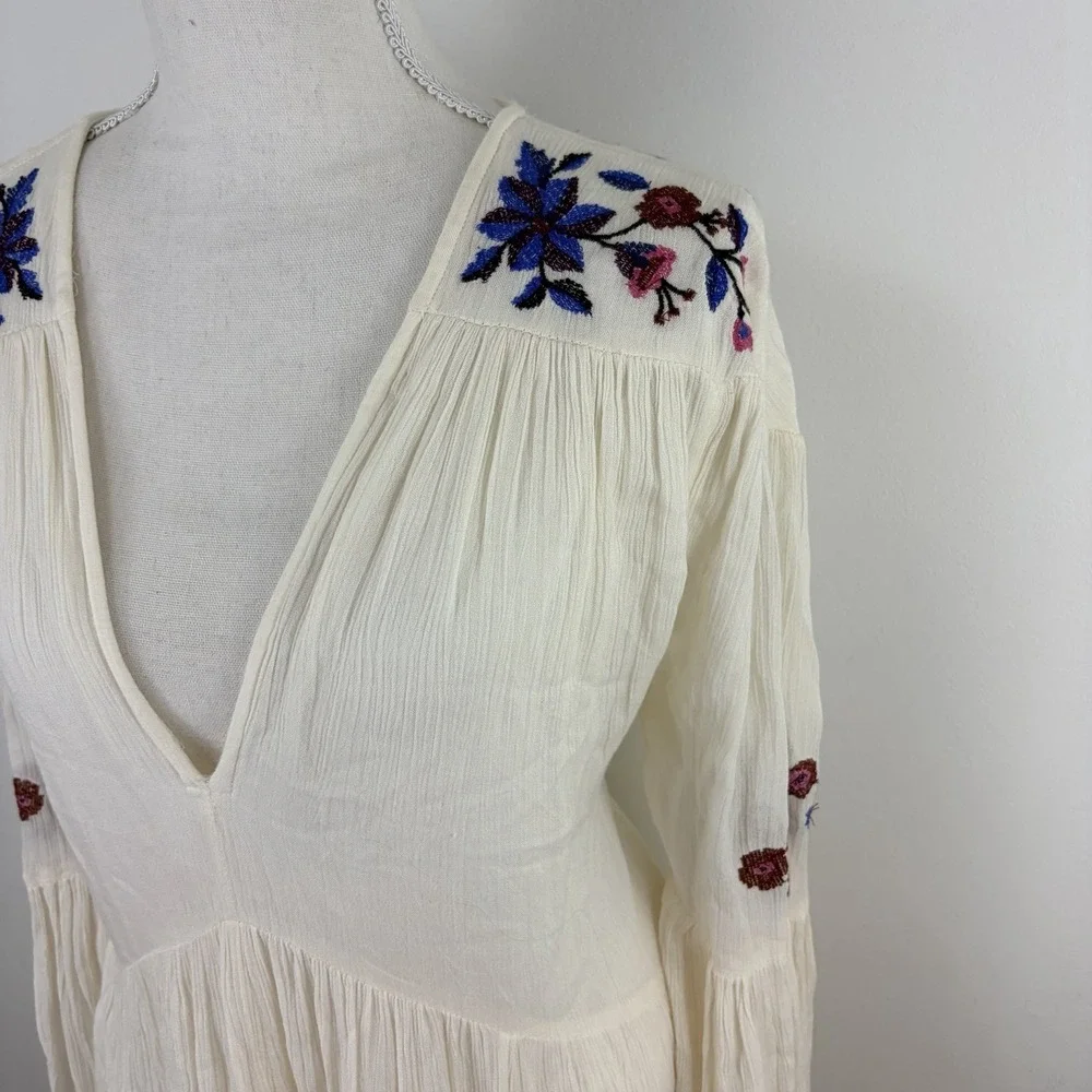 Free People Women's Embroidered Mini Dress Size Medium Ivory Boho Tunic